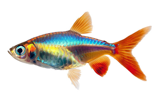 Amongst aquatic flora, a lone neon tetra dazzles observers object on a transparent background. 