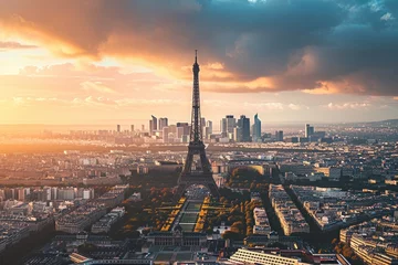 Gordijnen The Eiffel Tower Overlooking the City of Paris, The Eiffel Tower peeking out from the Paris cityscape, from a bird's eye view, AI Generated © Iftikhar alam