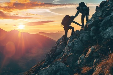 Two climbers ascending a mountain using ropes and harnesses, The essence of teamwork seen in a hiker aiding a friend during their mountain climb, AI Generated - obrazy, fototapety, plakaty