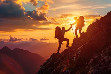 Two individuals making their way up a mountain against the backdrop of a setting sun, The essence of teamwork seen in a hiker aiding a friend during their mountain climb, AI Generated - obrazy, fototapety, plakaty