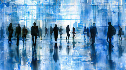 Abstract Business Scene, Silhouetted Group in Corporate Setting, Dynamic Urban Life and Professional Interaction
