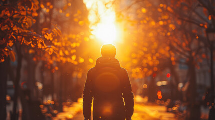 The silhouette of a man walking down a tree-lined city street as the sun sets creating a dramatic...