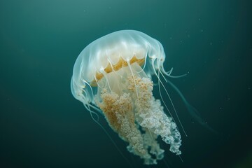 A jellyfish gracefully moves through the crystal-clear ocean water, The ethereal beauty of a ghostly-white jellyfish floating peacefully in the water, AI Generated