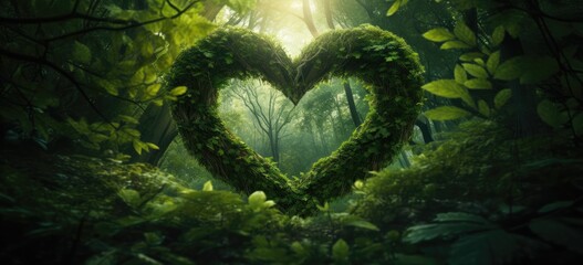 Amongst the tranquil forest, a khaki wooden heart emerges, its details highlighted against a softly blurred natural backdrop