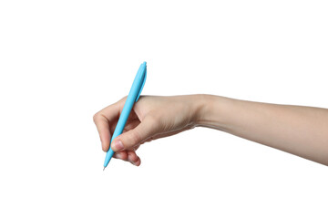 PNG,a female hand holds a blue pen, isolated on white background