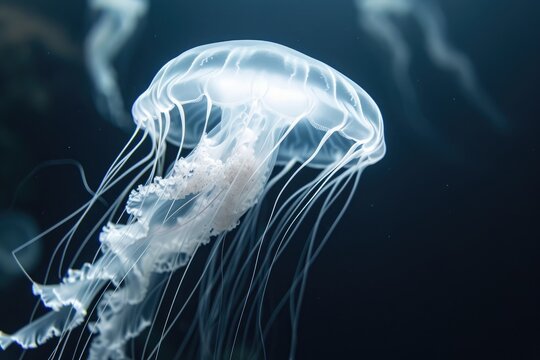 A detailed close-up of a jellyfish gracefully swimming in the water, The ethereal beauty of a ghostly-white jellyfish floating peacefully in the water, AI Generated
