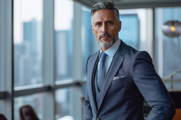 Handsome and confident mature businessman wearing suit in office with city skyline view