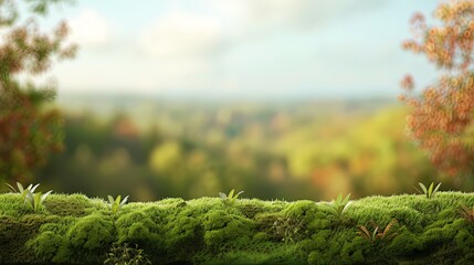 Fluffy green moss against a beautiful blurred natural landscape background in a long panorama, embodying the concept of a cozy autumn mood - obrazy, fototapety, plakaty