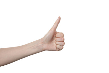 PNG,female hand shows thumb up, isolated on white background