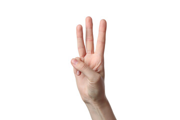 PNG,hand showing three fingers, isolated on white background