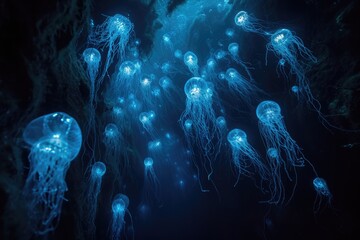 A large group of jellyfish glides through the water, creating a mesmerizing display of movement and color, The haunting beauty of a deep-sea trench filled with bioluminescent creatures, AI Generated