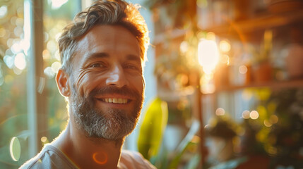 Portrait of a joyful bearded man with sun flares in the background, reflecting a warm atmosphere - obrazy, fototapety, plakaty