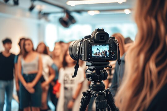 A camera placed on a tripod stands in front of a diverse group of photographers engaged in a photography workshop, The influence of influencer marketing in driving brand engagement, AI Generated