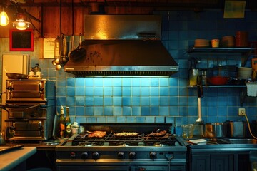A stainless steel stove top oven sits on the kitchen counter, ready for cooking delicious meals, The interior of an attractive BBQ restaurant kitchen that's not being used, AI Generated - obrazy, fototapety, plakaty