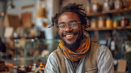 Smiling man with dreadlocks and eyewear in a casual indoor setting, radiating friendliness