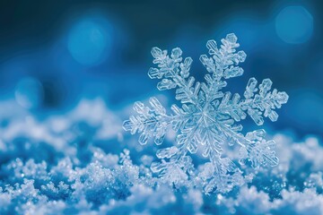 A detailed view of a single snowflake on a vibrant blue backdrop, The intricate beauty of a single snowflake against an icy blue background, AI Generated