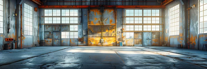 Zelfklevend Fotobehang Abandoned Factory Interior, Grunge Warehouse Space with Rusty Metal and Broken Windows, Urban Exploration © MdIqbal