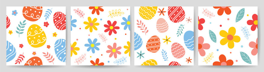 Happy Easter seamless pattern vector. Set of square cover design with easter egg, flower, foliage. Spring season repeated in fabric pattern for prints, wallpaper, cover, packaging, kids, ads.
