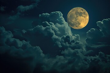 A full moon brightly shines through a sky dotted with grey clouds, The moon's glow piercing the dense cover of storm clouds, AI Generated - obrazy, fototapety, plakaty