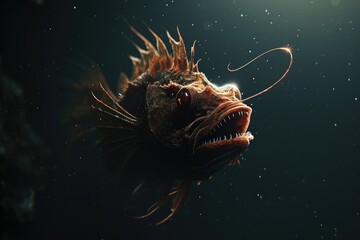 This close-up photo captures the detailed image of a fish with its mouth wide open, The mysterious allure of a deep-sea anglerfish, set against a background of darkness, AI Generated