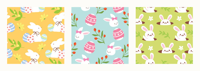 Fototapeta na wymiar Happy Easter seamless pattern vector. Set of square cover design with easter egg, flower, rabbit, foliage. Spring season repeated in fabric pattern for prints, wallpaper, cover, packaging, kids, ads.