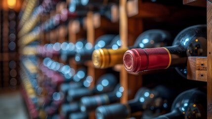 Wooden wine racks in a luxury cellar, closeup with selective focus. Neural network generated image. Not based on any actual scene or pattern.