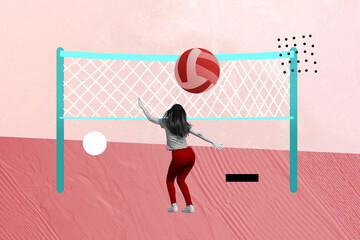 Photo collage young sportive girl play volleyball game player activity tournament summertime seasonal sport playground competition
