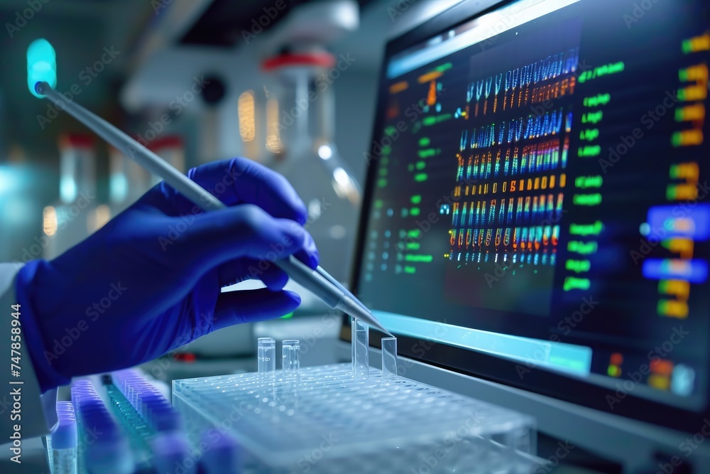Poster a person wearing lab attire holds a pipe while standing in front of a computer screen in a laborator