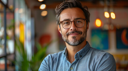 Confident middle-aged man with a well-groomed beard and stylish eyewear, posing for a casual portrait