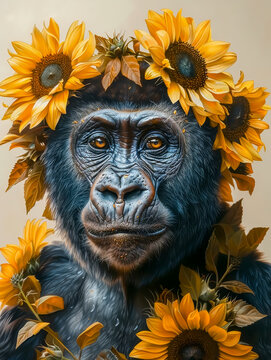 Vibrant fantasy painting of a Gorilla with intricate floral patterns, capturing a whimsical and dreamlike essence.