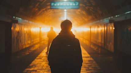 A shadowy figure stands in a tunnel bathed in golden light, with a strong atmospheric and moody quality