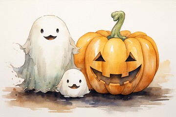 a watercolor painting of a couple of ghosts and a pumpkin