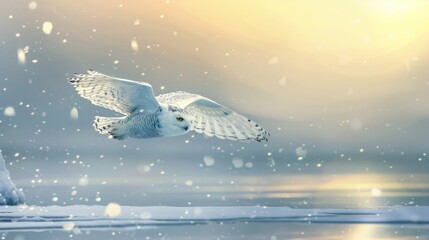 A white bird gracefully flies over a shimmering body of water, its wings outstretched as it soars through the sky