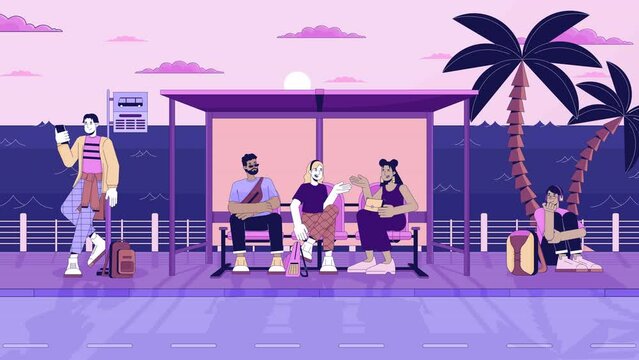 Seaside bus stop crowded line cartoon animation. Commuter public transportation. People waiting for bus 4K video motion graphic. Lo fi vibes 2D linear animated characters on waterscape background