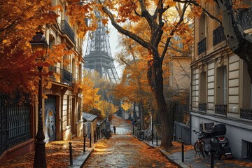 A detailed painting of the Eiffel Tower displaying vibrant autumn colors amidst a clear blue sky, The romantic streets of Paris in the autumn, AI Generated