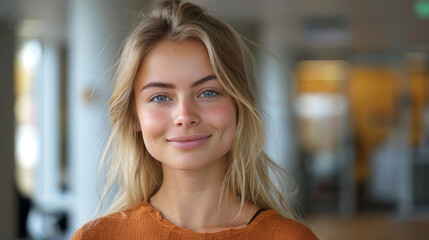 Close-up portrait of a young blonde woman with blue eyes in a casual setting with a blurred background - obrazy, fototapety, plakaty