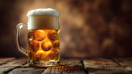 Cold mug with beer, with overflowing froth, on wooden table and dark background with copy space. Neural network generated image. Not based on any actual scene or pattern.
