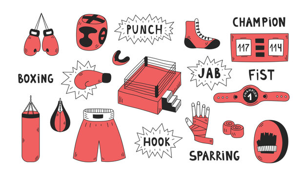 Boxing doodle elements set. Collection of sports equipment and text. Isolated hand drawn outline icons with red color and lettering. Competition strength championship signs and symbols