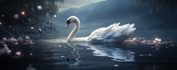 Graceful chibi swan by moonlit lake ethereal glow