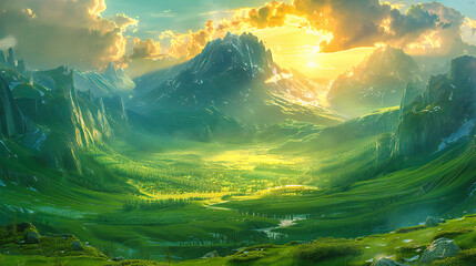 Majestic Nature Landscape, Mountains and Sky at Sunrise, Scenic Outdoor Beauty with Colorful...