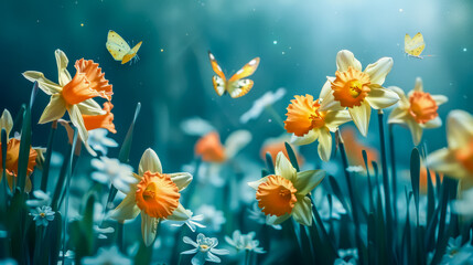 Obraz na płótnie Canvas Ethereal image capturing butterflies fluttering around vibrant daffodils under a gentle spring sunlight filter.
