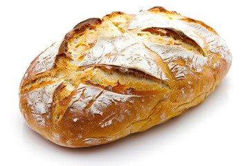 A freshly baked artisan bread loaf on a white background