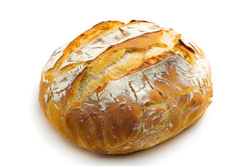 A freshly baked artisan bread loaf on a white background