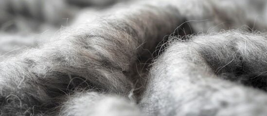 Close up view of a pile of luxurious gray wool showcasing its intricate texture and shades. The soft and fluffy wool is neatly arranged, creating a visually appealing pattern.