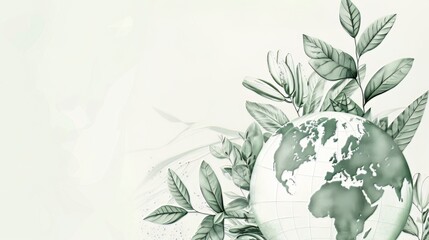 Invest in our planet. Background for an ecology concept. Design featuring a globe map drawing and leaves isolated on a white background.