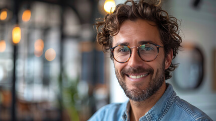 An adult male with curly hair and glasses smiling with confidence in a contemporary café - obrazy, fototapety, plakaty