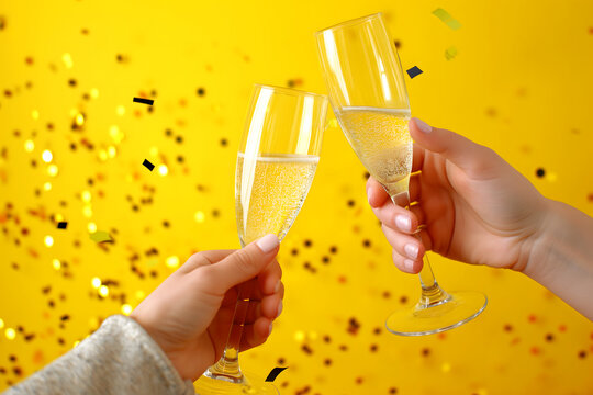 Two hands clinking champagne glasses against vibrant yellow background with gold confetti. Neural network generated image. Not based on any actual scene or pattern.