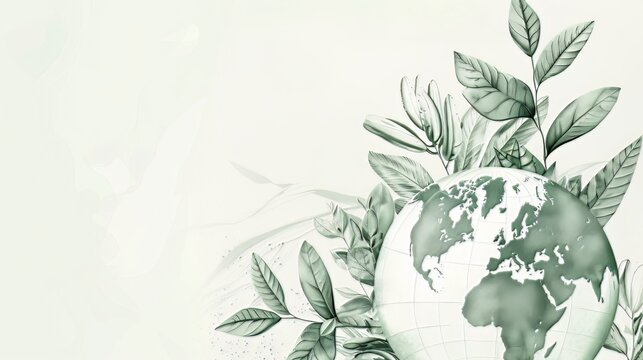 Invest in our planet. Background for an ecology concept. Design featuring a globe map drawing and leaves isolated on a white background. © shaiq