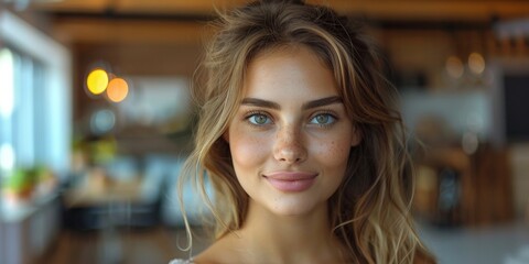 Obraz premium A carefree and natural portrait of a young woman showcasing pure beauty and a positive morning vibe.