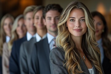 Fototapeta premium Elegant businesswoman leads a diverse, successful corporate team in a professional office setting.